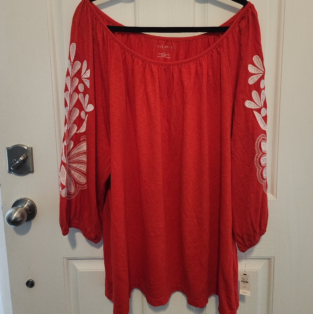 Talbots Red Blouse with White Floral Sleeves